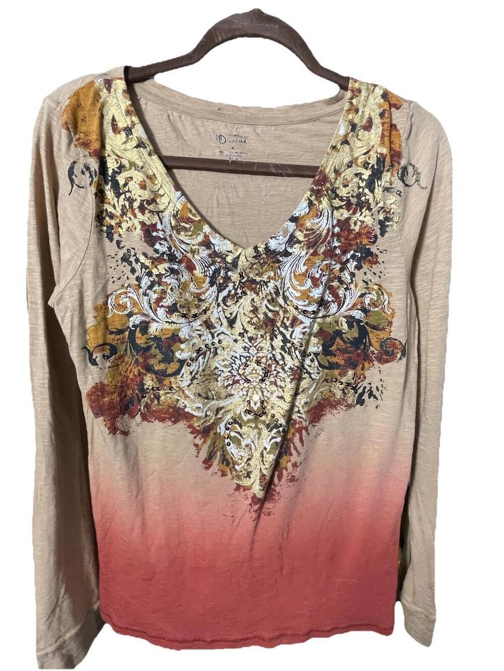 New Directions Weekend Women's Shirt Top Long Sleeve Tan Ombré Multicolor Sz M